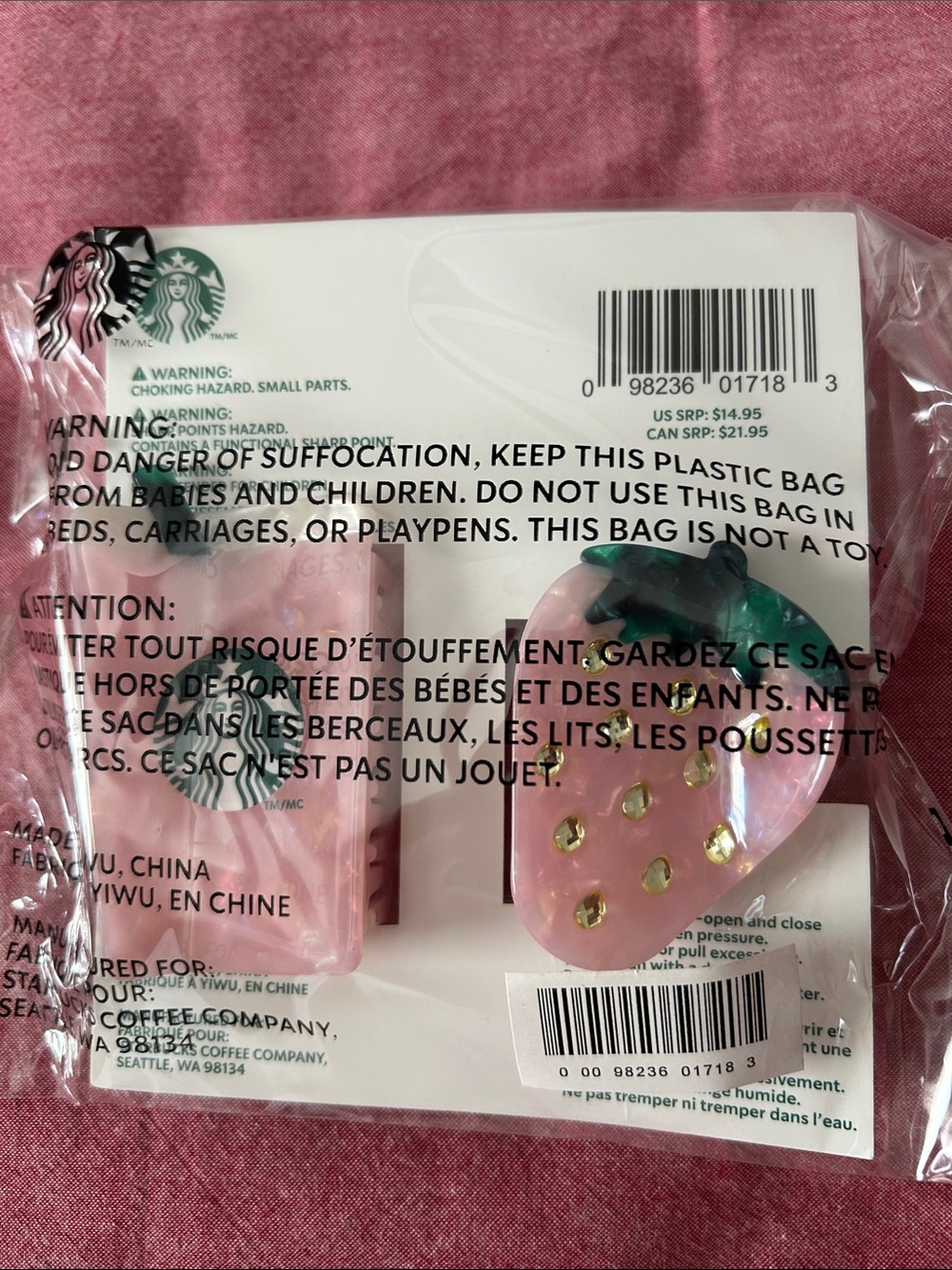 Starbucks Summe Pink Strawberry & Drink Acetate Claw Clip Set with Green Accents - Picture 2 of 3